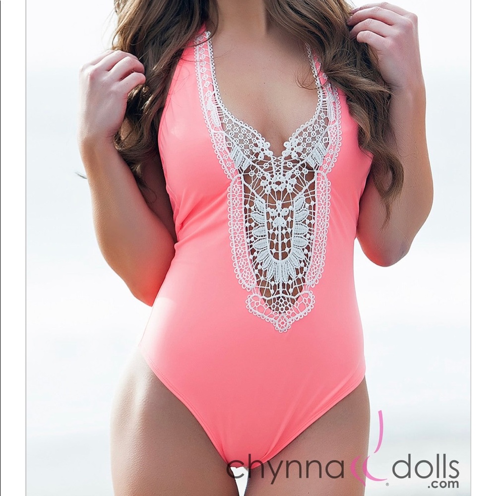 Sexy Halter One Piece Swimsuit with Crochet in Salmon